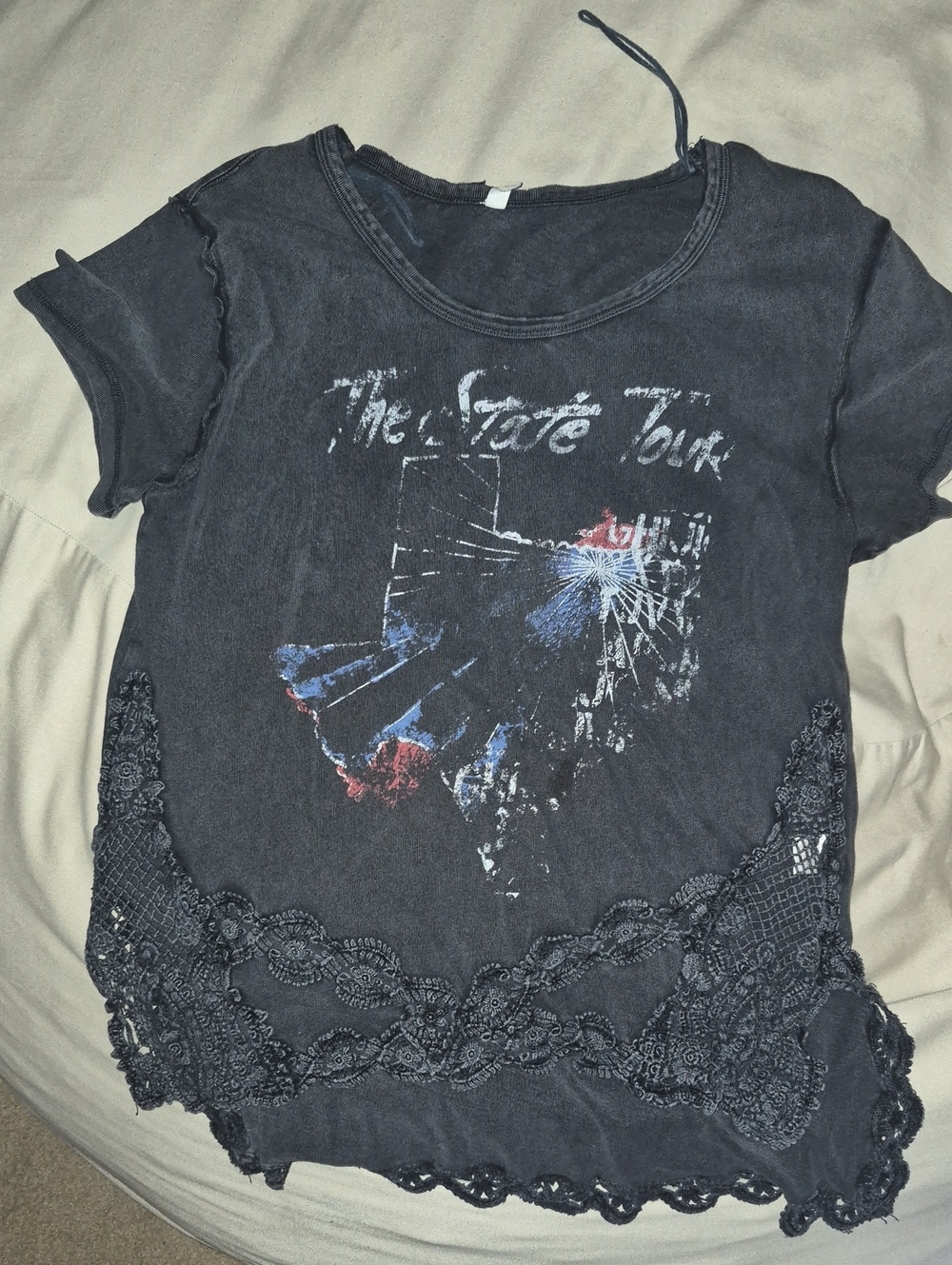 Free People Black Lace-Trim Graphic Tee with Blue & Red Accents